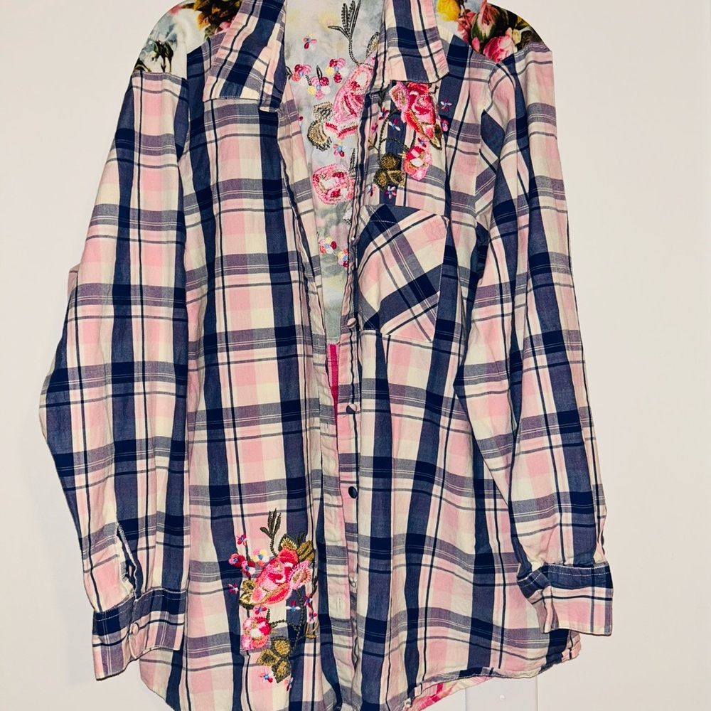 Soft Surroundings Blue and Pink Plaid Shirt
